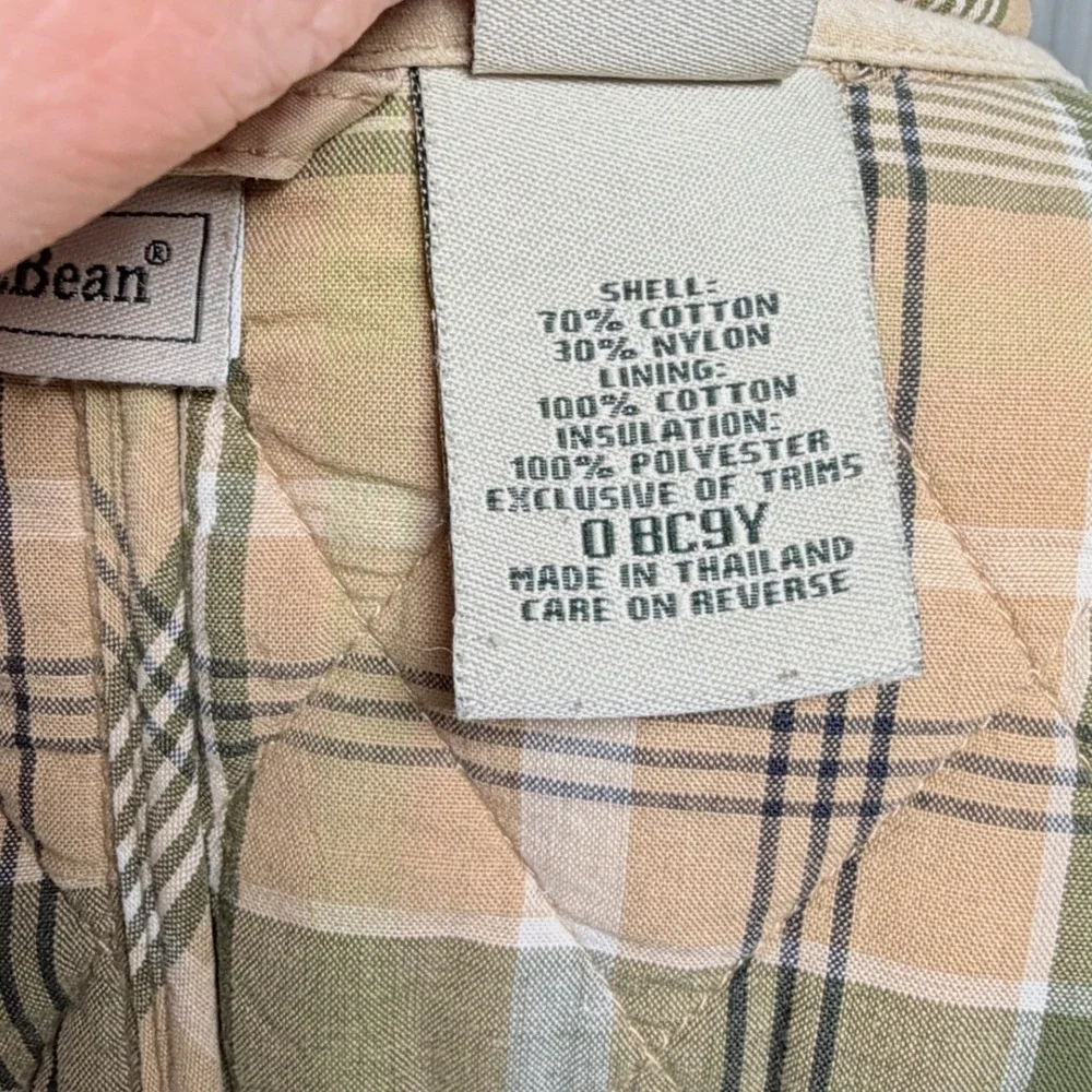 L.L. Bean Women XL Beige Quilted Jacket Plaid Lined Barn Coat Diamond Thermore